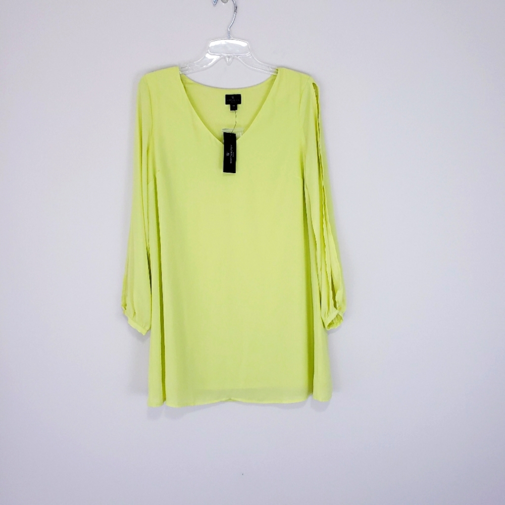 Worthington Chartreuse Lemon Lime Tunic Split Sleeves Medium Petite New NWT
